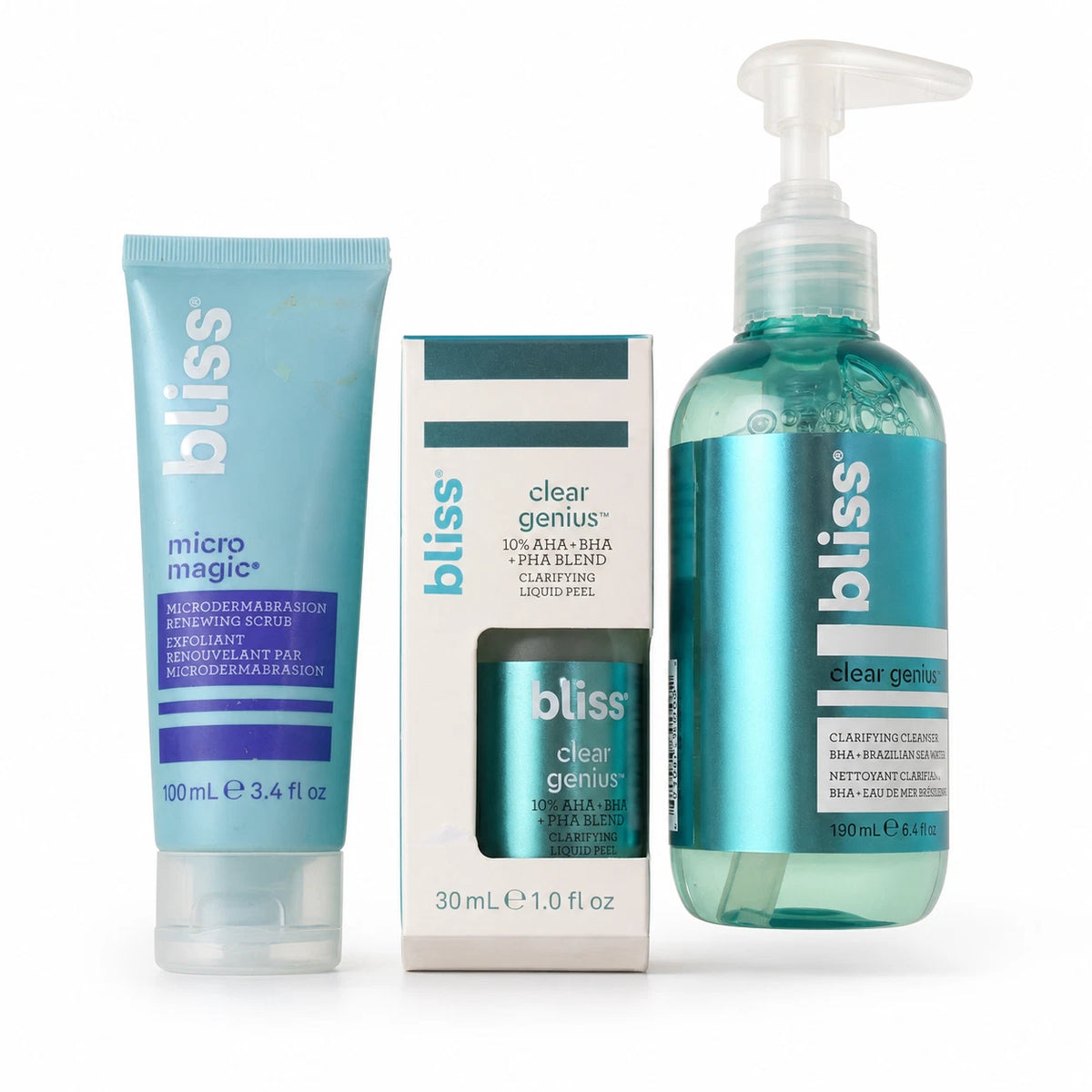 Bliss Skincare 3-Piece Set Cleanser Scrub AHA BHA PHA Liquid Peel New — photo 1
