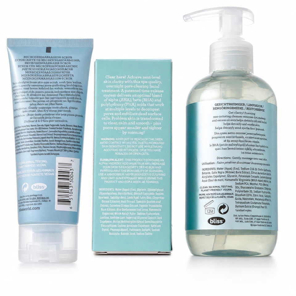 Bliss Skincare 3-Piece Set Cleanser Scrub AHA BHA PHA Liquid Peel New — photo 2