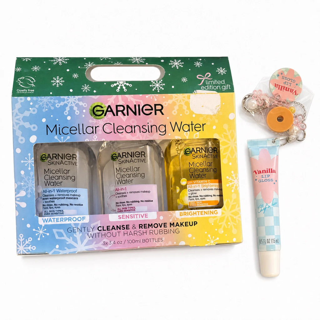 Garnier Micellar Water 3pc Gift Set + Vanilla Lip Gloss Keychain New — photo 1